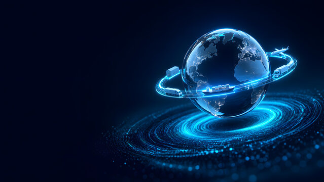 Glass globe orbited by truck boat and plane glowing blue swirl background global logistics transport trade shipping