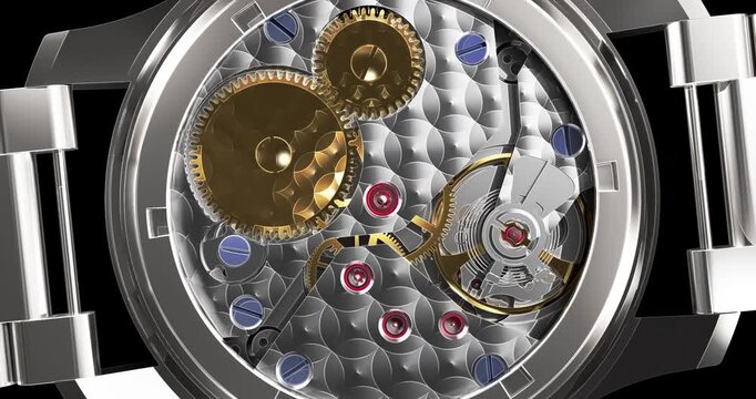 Macro animation of luxury swiss watch movement and mechanical parts.