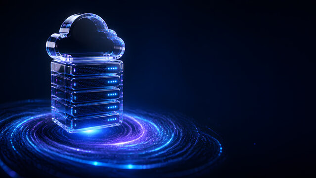 Glass cloud icon above server stack glowing blue purple swirl background cloud computing data storage network