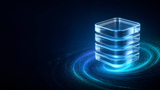Glass stacked layer database icon glowing blue teal swirl background data storage server technology structure system