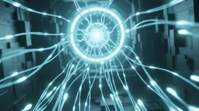 Glowing cyan data threads streaming through dark space