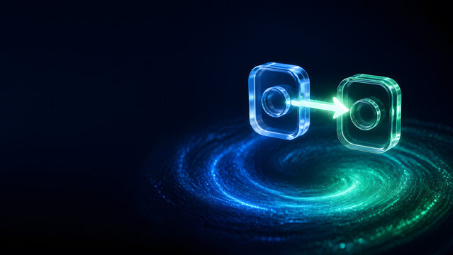 Glass icon square link together showing data transfer moving from server toward cloud storage system