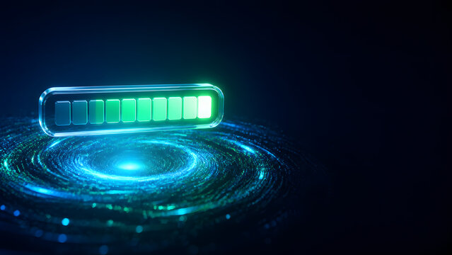Glass progress bar glow green showing loading completion status and overall performance measurement indicator design