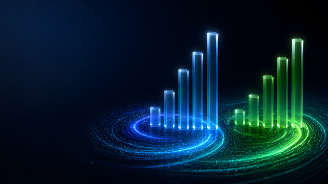 Glass bar chart rise upward showing comparison between two data set in blue and green