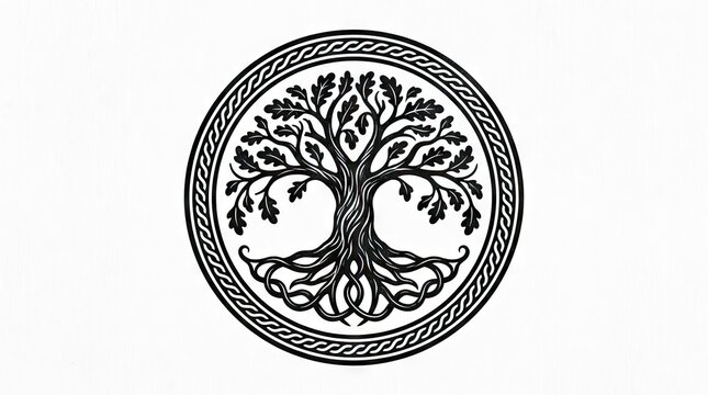Circular Celtic tree of life silhouette emblem.