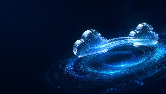 Glass cloud pair connect through glowing bridge representing cloud synchronization and overall seamless data migration
