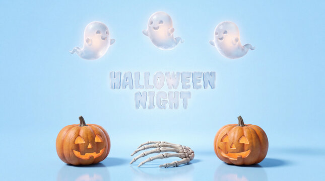 Halloween night greeting card with cute glowing ghosts and carved pumpkins. Spooky seasonal banner featuring skeleton hand and jack-o-lanterns. Pastel blue background for holiday party.
