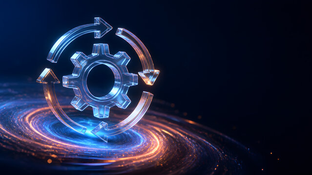 glass gear icon surrounded by circular arrow symbol representing automation workflow process technology innovation digital transformation background