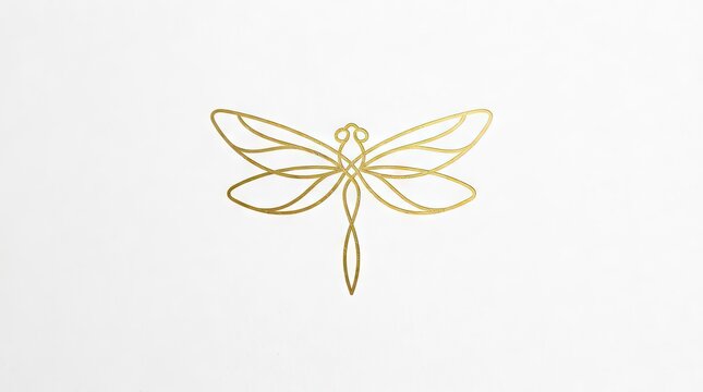 Elegant gold dragonfly line art icon on white.
