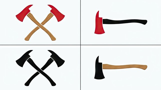 Four variations of crossed firefighter axes icon set.