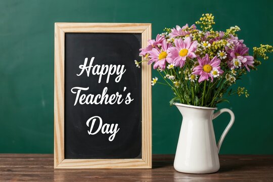 Happy teachers day greeting with a chalkboard and a bouquet of flowers