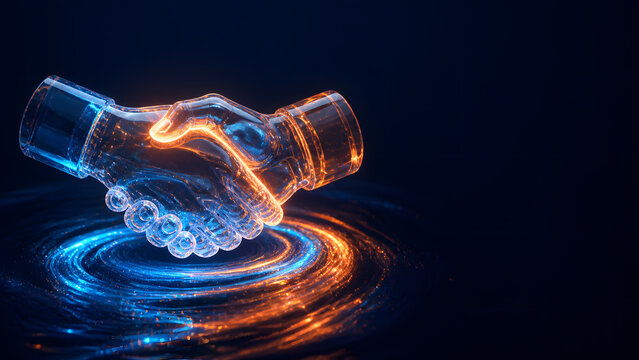 glass handshake icon symbolizing business partnership agreement trust collaboration deal technology digital corporate background design