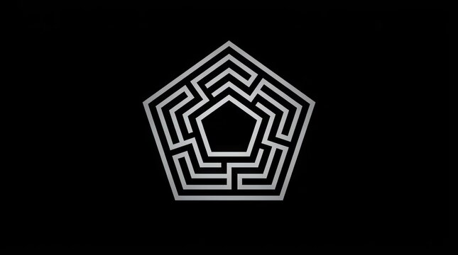 Geometric pentagon maze logo on black background.