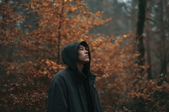 Pensive Young Man in Hood Looking Up in Autumn Forest