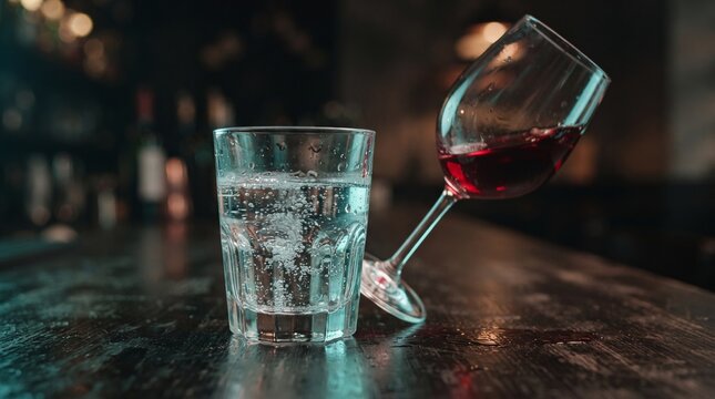 Glass of water beside a spilled wine glass at a bar setting  for World Day of Sobriety and the Fight Against Alcoholism