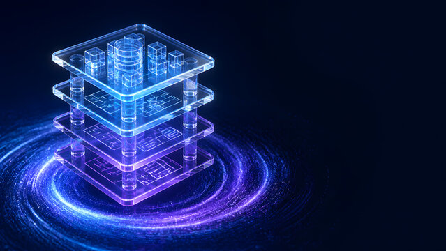 glass layered platform with city building and circuit representing technology infrastructure system digital innovation background