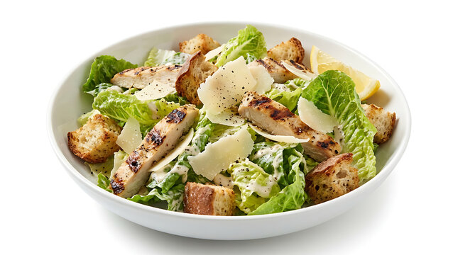 Fresh caesar salad with grilled chicken breast and parmesan cheese isolated on white background