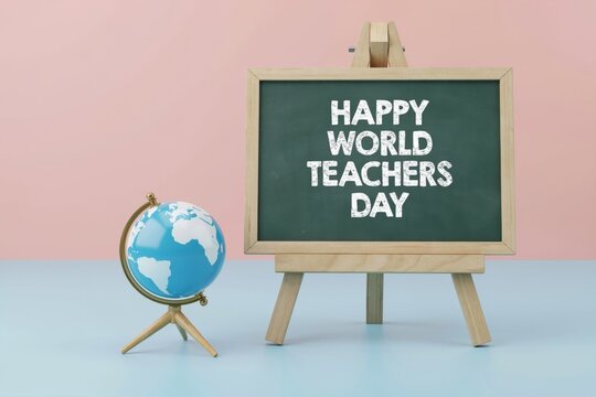 Happy world teachers day message on a small chalkboard with a globe model