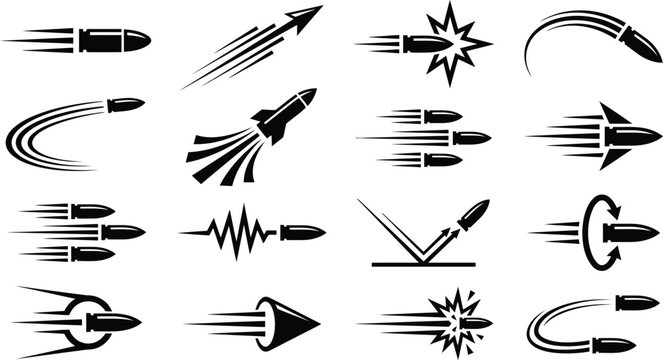 Set of black bullet icons showing speed motion and trajectory isolated on a transparent background