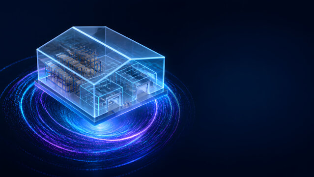 Smart warehouse building hologram reveals interior racks above glowing spiral ring symbolizing logistics technology future