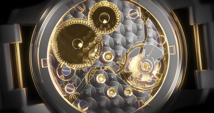 3D CGI animation of luxury gold automatic watch rotating on dark background.