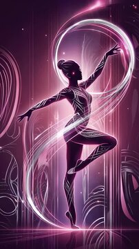 Woman rhythmic gymnast performing with hoop. Athlete exercising in artistic show. Graceful silhouette of gymnast spinning hoop in dynamic neon glowing light art. Vertical video