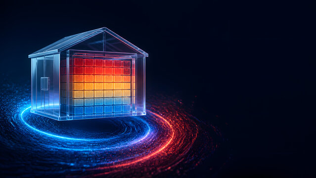 Warehouse structure displaying colorful heatmap grid representing inventory data analysis and storage capacity visualization system