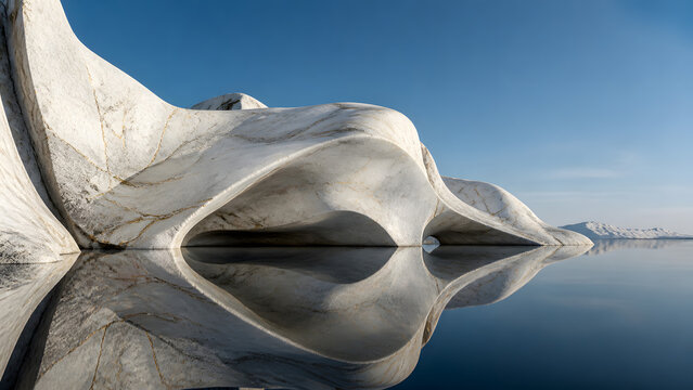 smooth white marble rock formation reflecting in calm water under clear blue sky near snow mountain