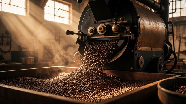 Industrial coffee roaster machine pours roasted brown beans into wooden tray. Hot steam rises in dark factory warehouse. Large metal drum rotates to process fresh coffee beans for production. Pro
