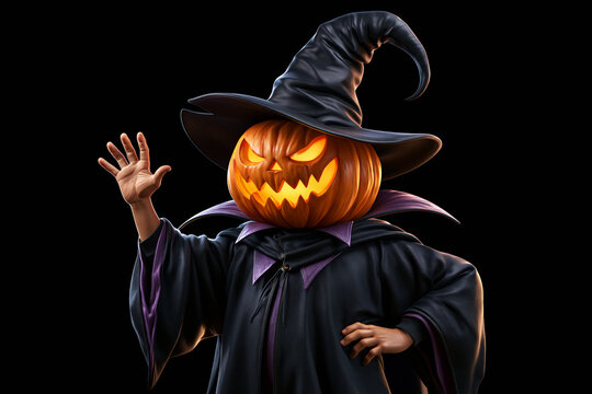 Jack-o-lantern headed warlock figure in witch hat and robe, pointing