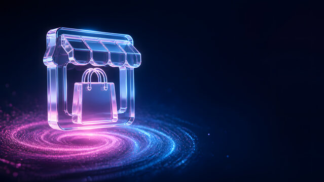 Glass storefront awning shelters glowing shopping bag icon in vivid pink and blue swirl background