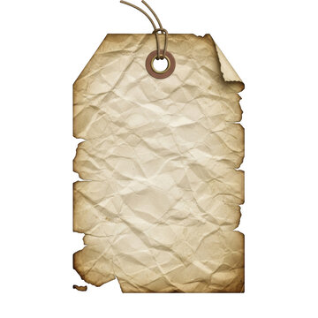 Vintage wrinkled paper gift tag with string isolated on transparent background for rustic product packaging