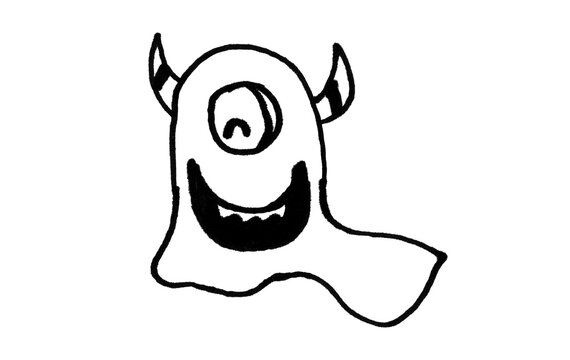 Cute one-eyed doodle monster cartoon &ndash; hand-drawn black and white illustration with horns and big smile, playful blob character for kids designs