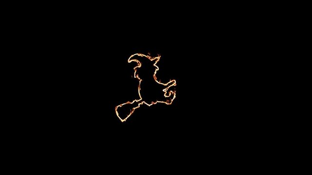 Glowing Witch Flying on Broomstick Animation on Black Background, Spooky Halloween Witch Silhouette with Fiery Neon Outline