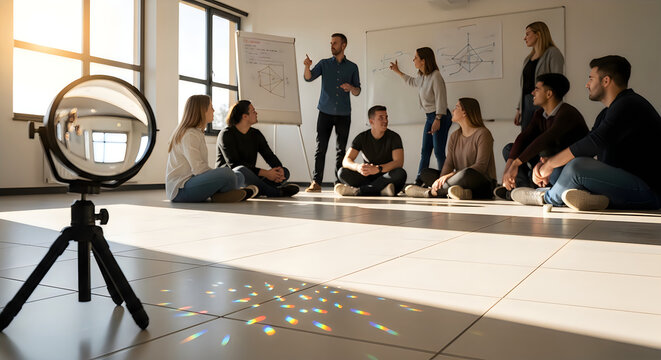 Diverse Creative Team in Collaborative Workshop with Light Prism Lens