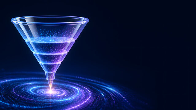 Glass funnel glows above swirling light representing sales conversion marketing strategy business process filter growth technology