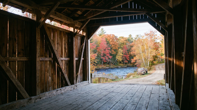 Interior view of a historic covered bridge with autumn foliage  