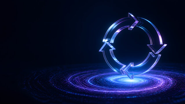 Glass recycle arrows form circular loop representing sustainability process renewal cycle economy technology innovation environment strategy