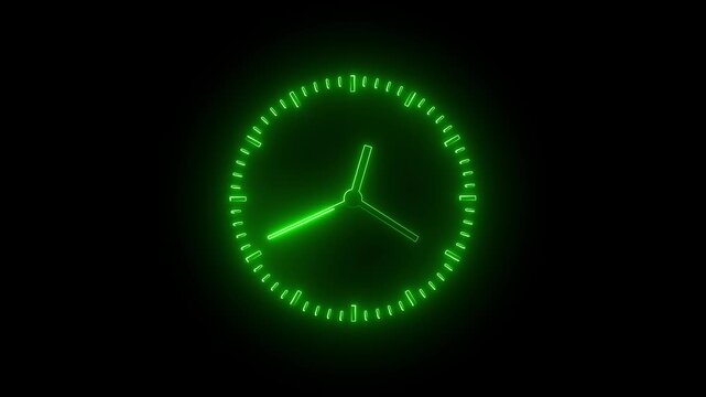 Glowing Green Neon Clock Animation Loop, Futuristic Analog Watch Motion Graphics Overlay, Fast Spinning Time Lapse Concept Symbol for Tech Video Editing, Deadline, Countdown, and Schedule UI.