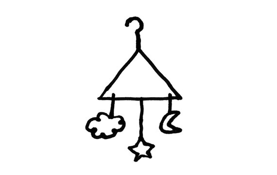 Baby Mobile Doodle Brush with Cloud Moon and Star &ndash; Simple Black Line Art Hanging Nursery Mobile, Childlike Wobbly Kids Illustration for Adobe Photoshop and Illustrator