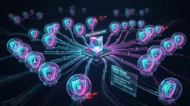 Abstract 3D visualization of a zero-trust network with glowing nodes and shields