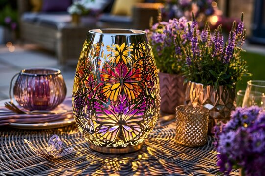 Solar butterfly lantern casting decorative light patterns