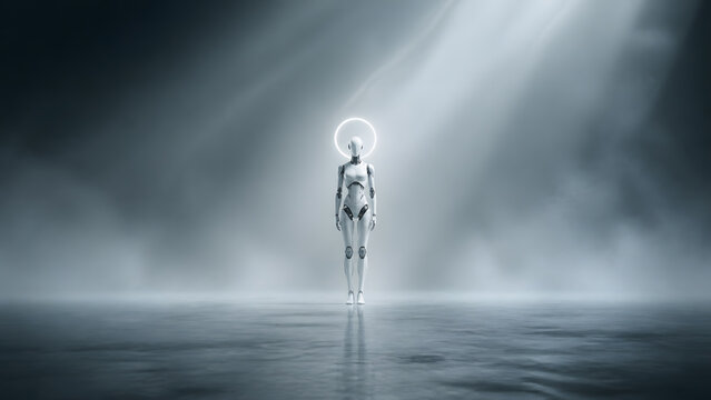 white female robot standing with glowing halo light above head in foggy dark atmospheric background scene