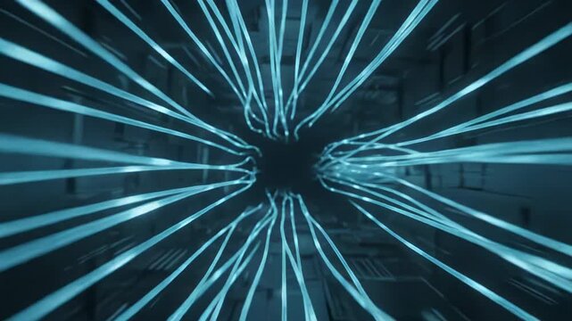 Glowing cyan data threads streaming through dark space