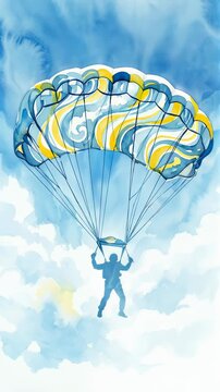 Paratrooper descending through blue sky with colorful parachute. Watercolor illustration of skydiver flying in clouds. Extreme sport and air adventure concept. Vertical video