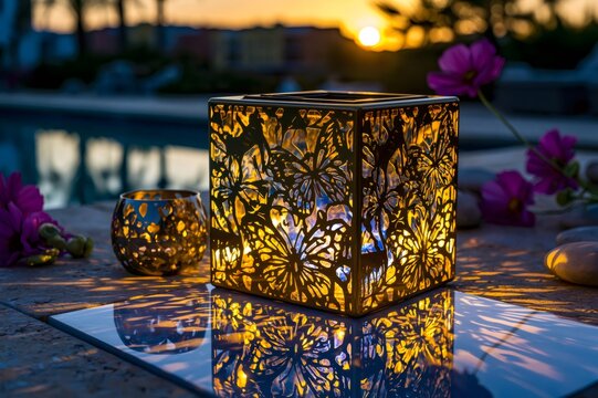 Butterfly lantern illuminating poolside at tranquil sunset