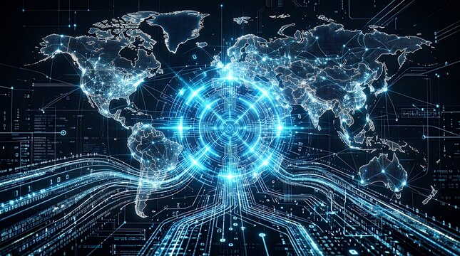Cutting-edge digital backdrop showcasing a luminous azure artificial intelligence core intertwined with streaming data patterns and global network synchronization  futuristic background technology