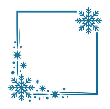 Square frame border with blue snowflakes, star shapes, and circular dots on a white background, winter holiday