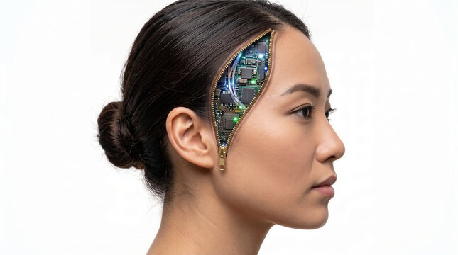 woman head with zipper opening revealing microchips and circuits, symbolizing artificial intelligence, human technology integration and cyborg evolution isolated on white background