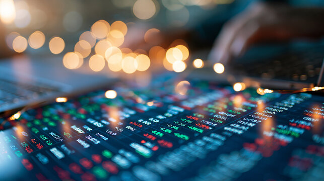 Close up bright digital stock market ticker board showing various stock symbols with green and red percentage changes and volume data columns clean modern high resolution screen crisp